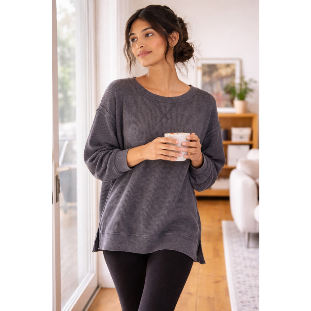 American Eagle XS Oversized Waffle Knit Pullover Lived-In Gray Cozy Slouchy Top